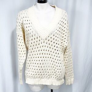 DIANE Von Furstenberg Vintage Cream Open Weave V-Neck Crochet Knit Sweater Med